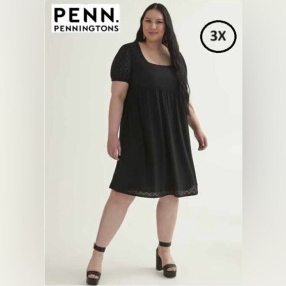Penningtons - Women's Eyelet Kniet Dress with Balloon Sleeves - Black. Size: 3X. - Picture 1 of 7
